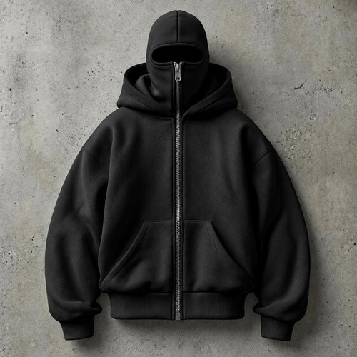 HIDDIO double-hood zip-up hoodie in black on a concrete background