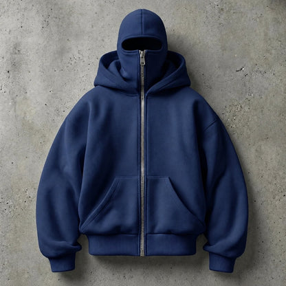 HIDDIO double-hood zip-up hoodie in Navy Blue