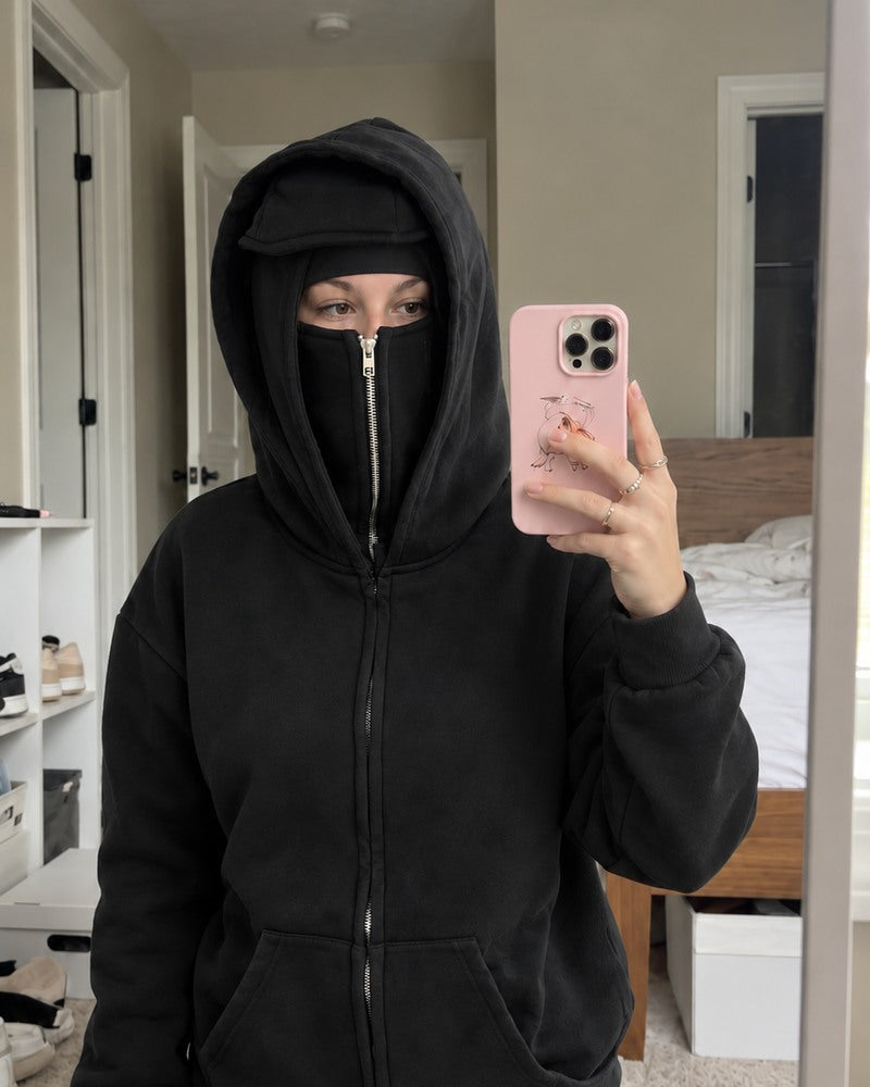HIDDIO AI-generated styling illustration 1 — double-hood zip-up hoodie