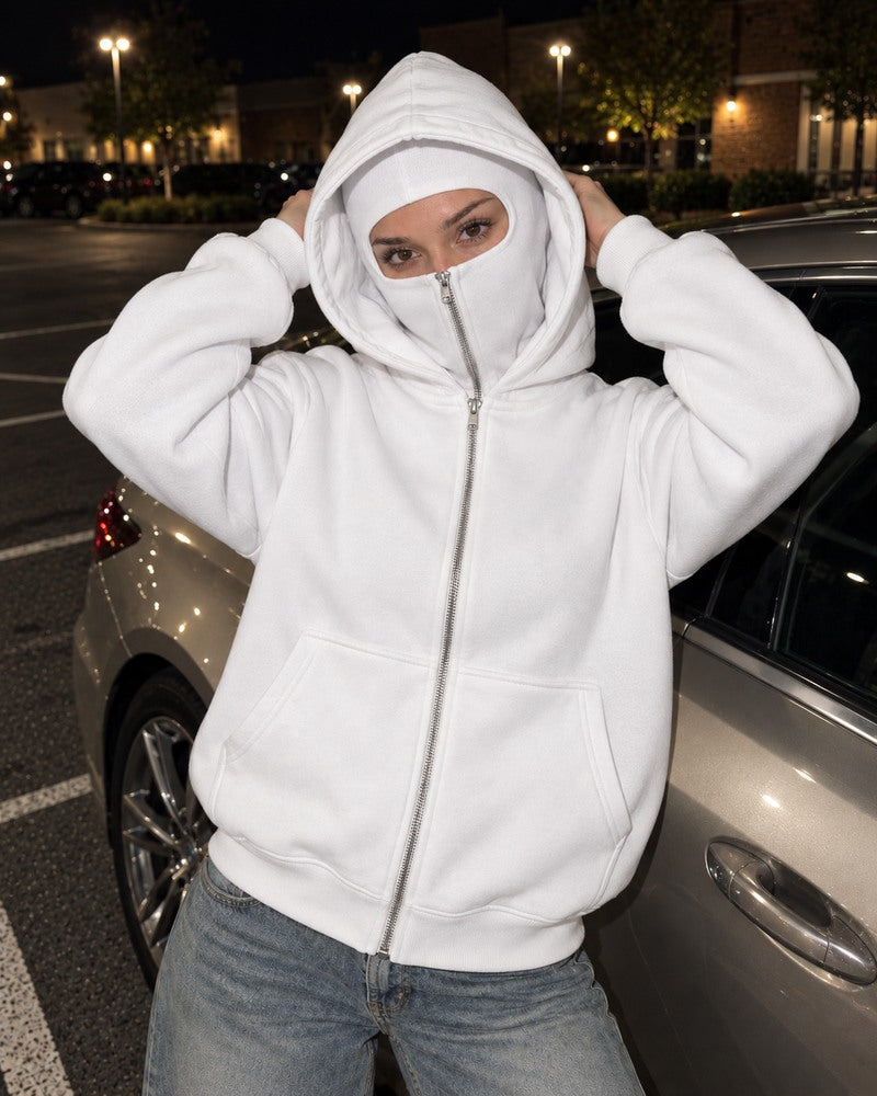 HIDDIO AI-generated styling illustration 5 — double-hood zip-up hoodie